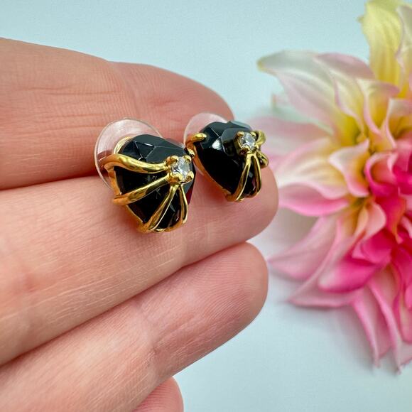 SETA Black Faceted Heart Earrings Gold Tone Cage Rhinestone Studs Gift Signed - Picture 4 of 11